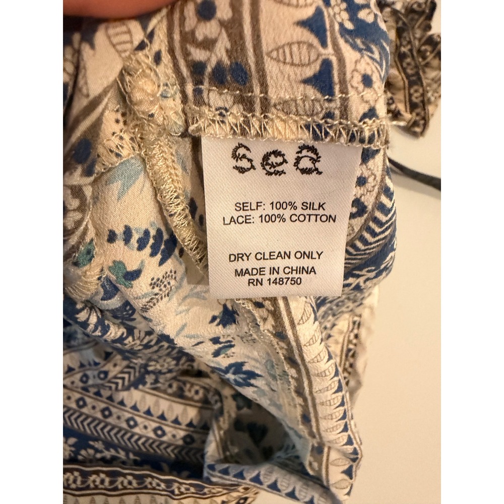 Sea New York Doe Print Blue Floral Silk Puff Sleeve Tassel Blouse Top Size 4 - Picture 10 of 11